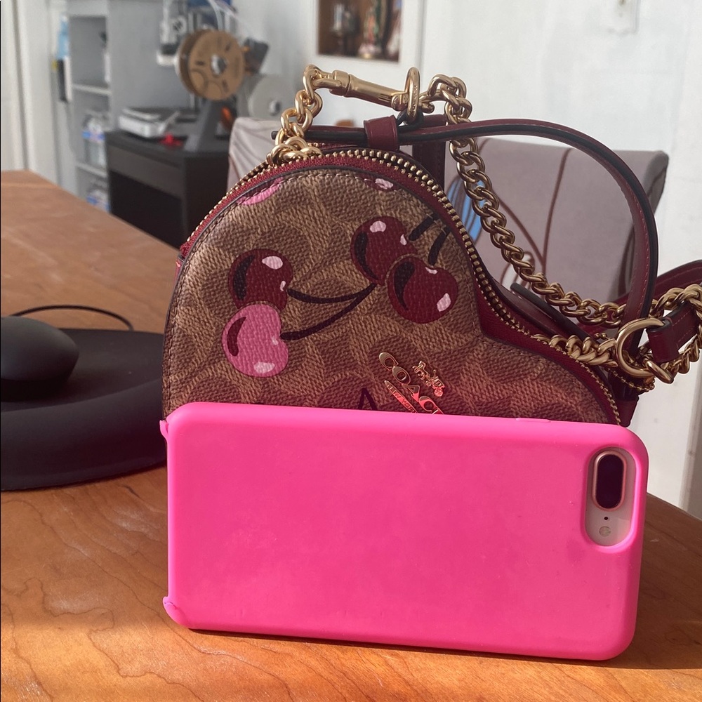 Coach Cherry Print Round Crossbody in Burgundy and Pink - Picture 12 of 14